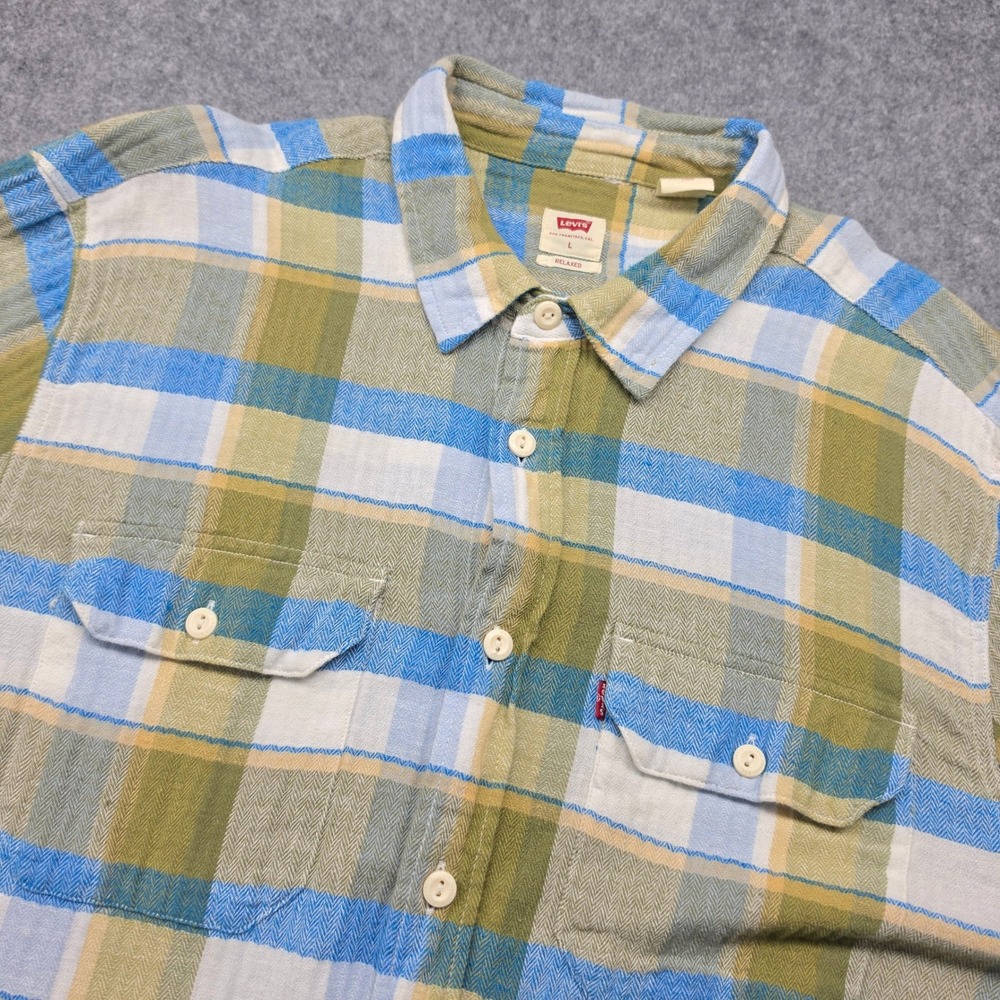 Levis Relaxed Fit Flannel Shirt Mens L Green Blue Plaid Long Sleeve Button Up